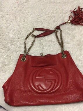 Gucci Red Leather Shoulder Bag with Double Chain Straps